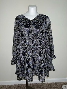 Torrid Black Floral Long-Sleeve Tiered Dress with Lavender and Green Print